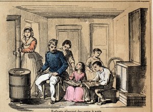 Kültür tanımı ve ipek ürünleri: ipekböceği yetiştiren çocuklar. “Les Recreations Instructives” içindeki “la soie” levhası Jules DELBRUCK imzalı sinoptik resim, 1860 tarihli gravür. Özel koleksiyon. by French School