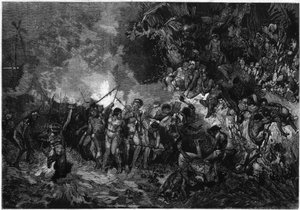 Yeni Kaledonya Geleneği: Pilou pilou (Pilou-pilou), geleneksel Kanak dansı. 27 Ocak 1872 tarihli “Le Monde Illustré” n°772