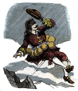 Cyrano de Bergerac, gül şişeleri ve aya yolculuk sayesinde gökyüzünde yükseliyor, Hercules Savinien Cyrano de Bergerac'ın (1619-1655) romanının illüstrasyonu: “” Öteki dünya” by French School
