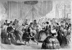 Dans: patenci ızgarası. Dansçılar, ucu bir dairenin ortasında bir Mayıs bitkisine bağlı bir kurdele tutarlar. 1861