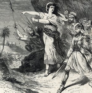 Deborah, Kenan kralı Jabin tarafından ezilen İsrail halkını savaşmaya yönlendirir. Lahure 19. yüzyıl Özel Koleksiyonu 'Kutsal Tarih'ten gravür by French School