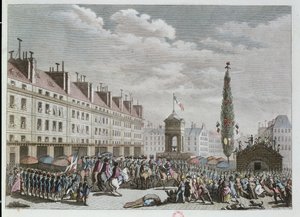 Anayasa Bildirisi, Place des Innocents, Paris, Eylül 1791, 1791 (renkli gravür) by French School