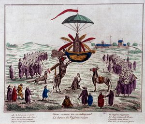 Jean-Pierre Blanchard (1753-1809) tarafından hayal edilen uçan makinede hiciv uçan gemiden ayrılırken: eşekler, maymunlar ve altı kanatlı ve bir dümenle donatılmış garip makineye kör bir bakış. 18. yüzyılın sonundan gravür. Paris, Musee Carn by French School