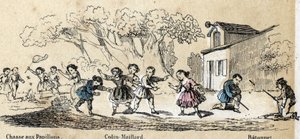 Çocukların boş zaman etkinliklerinin ve oyunlarının tanımı: açık hava oyunları, kelebek avı, tekme ve sopa. “” les Recreations instructives”” içindeki “” les jeux de l