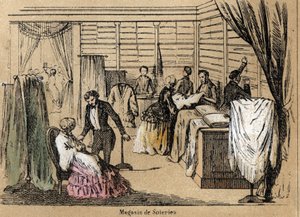 Kültür ve ipek ürünlerinin tanımı: bir ipek dükkanı. “Les Recreations Instructives” içindeki “la soie” levhası Jules DELBRUCK imzalı sinoptik resim, 1860 tarihli gravür. Özel koleksiyon. by French School