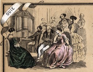 Beş duyunun tanımı: işitmenin detayı, sosyal bir akşam sırasında bir müzik konseri. “Les Recreations Instructives” içinde “Les cinq sens”” levhası Jules Delbruck