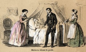 Beş duyunun tanımı: dokunma, hasta bir kızın nabzını tutan bir doktor. “Les Recreations Instructives” içinde “Les cinq sens”” levhası Jules Delbruck