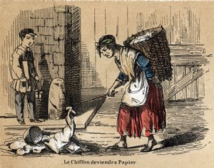 Kağıdın çeşitli ürünlerinin ve kullanımlarının tanımı: kağıdın türetildiği eski paçavra koleksiyonu. “Le papier et ses produits” levhası “les Recreations instructives” içindeki “Le papier et ses produits”” Jules Delbruck