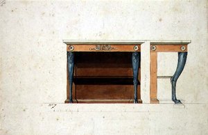 Directoire konsol masası tasarımı, c.1795 (kağıt üzerine sulu boya ile kalem ve mürekkep) by French School