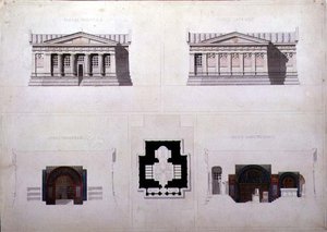 Yunan Revival tarzı bir türbe için tasarım, C.1835 (kağıt üzerine suluboya ile kalem ve mürekkep) by French School