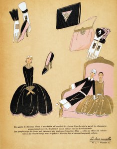 İki bebekle birlikte siyah kadife bir elbise ve aksesuarlar için tasarım, Les Idées Nouvelles by French School