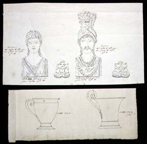 Yaldızlı bronz ormolu mobilya ayakları ve Fransız İmparatorluğu porselen bardaklar için tasarımlar, c.1820 (kağıt üzerine kalem ve mürekkep) by French School