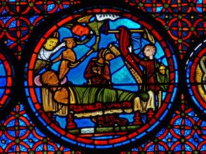 Lazarus ve Dives meselini gösteren bir pencereden detay by French School