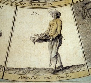 Cree of Paris kazı oyununun detayı: küçük sıcak makarna tüccarı. 18. yüzyılın gravürü. Kol. Ayrıl. by French School
