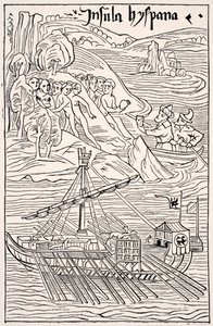Santo Domingo'nun Keşfi, Insula Hyspana, Kristof Kolomb tarafından, Epistola Christoferi Colom'un ahşap bir gravürünün tıpkıbasımı, Paul Lacroix pub'ın Orta Çağ Bilim ve Edebiyatından. Londra 1878 by French School