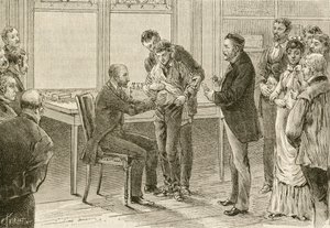 Doktor Pasteur kuduza yakalanmış bir çocuğu muayene ediyor. 19. yüzyıl (gravür) by French School