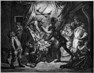 Don Kişot, Moors olduğunu düşündüğü kuklalarla savaşır. Charles Antoine Coypel