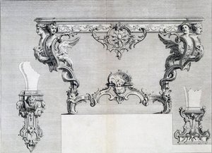 Duhamel tarafından bir araya getirilen Neo-klasik metal işçiliği tasarımlarından oluşan bir model kitabından rokoko ve klasik unsurlara sahip çift dallı şamdan, c.1770s-80s by French School