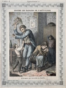 Sarhoş ailesini korkutuyor, bir okul alıştırma kitabının kapağı. yaklaşık 1900 by French School