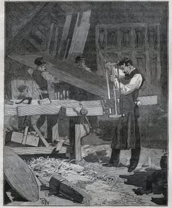 Ebenisterie: Kurulmuş bir tahtayı bölen ebenist işçi. Adolphe BITARD