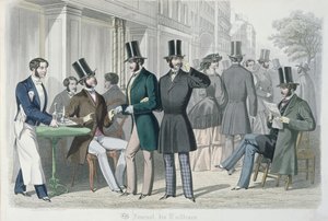 Bir Kafenin Terasında Zarif Genç Adamlar, 1857 (renkli gravür) by French School