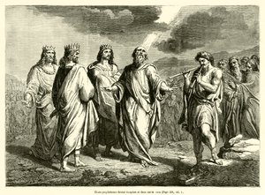 Elişa, Yehoşafat ve diğer iki kralın önünde peygamberlik ediyor (gravür) by French School