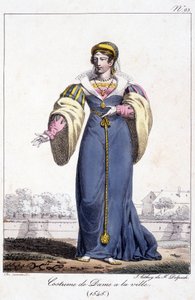 Gravür, 1545 civarında kasabada bayan kostümü. by French School