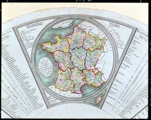 Fransa Haritasını 9 bölgeye, 10 metropole ve 83 bölüme ayrılmış olarak gösteren yelpaze, 1790