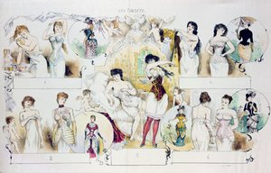 Korseleri betimleyen La Vie Parisienne için moda levhası, 1870 dolayları (renkli gravür) by French School