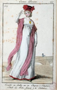 Directoire altında moda: Parisli bir takım giyen zarif genç kadın: İngiliz şapkalı çarşaflarda cocarde, elbise kaşlarını çattı coblentz. Anonim gravür. 1797 Paris, Musee du kostüm by French School