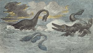 Liyas veya Jura döneminde (208 ila 146 milyon yıl önce), 1880 (renkli gravür) bir Plesiosaurus ve bir Ichthiosaurus arasındaki savaş by French School