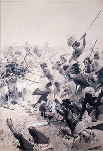 Zulus ve İngiliz Askerleri arasındaki mücadele, c.1878 (kağıt üzerine suluboya) by French School