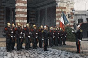 Paris itfaiyecileri. Bayrağa selam. “Paris itfaiyecileri askerin hayatının askeri albüm sahnesi” 1892. by French School