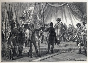 İlk koalisyon: Joachim Murat (1767-1815), İtalyan seferi sırasında Napolyon Bonapart komutasındaki Fransız ordusu tarafından fethedilen bayrakları Yönetim Kuruluna sunar. 1889