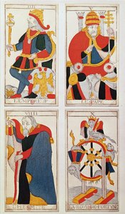İmparator, Papa, Münzevi ve Çarkıfelek tasvir eden dört tarot kartı (renkli ahşap gravür) by French School