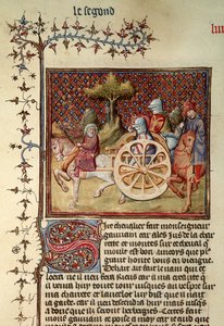 Fr.119 fol.312v Lancelot, Arabanın Şövalyesi, 1344 by French School