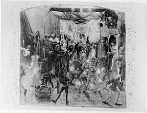 Fr 2646 f.176 Bal des Ardents, Charles VI (1380-1422), Louis of Orleans dansçıların kostümlerini ateşe verdikten sonra Berry Düşesi tarafından kurtarılıyor, Froissarts Chronicle, 1392 (ayrıca bkz. 52 by French School