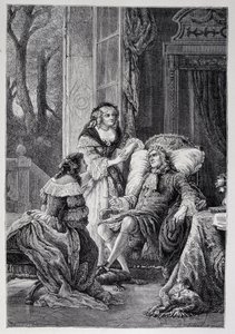 Francois de la Rochefoucauld (1613-1680), Mademoiselle de Sevigne (Marie de Rabutin-Chantal), Marquise de Sevigne dit Madame de Sevigne (1626-1696) ve Marie-Madeleine (Marie Madeleine) Pioche de La Vergne, Lafayette kontesi ile konuşuyor (Bayan F by French School
