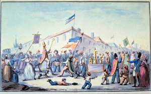 Fransız Devrimi: “” Halkın rahip kıyafeti giydiği Maskeli Balo””. Anonim suluboya. 1793. Paris, L