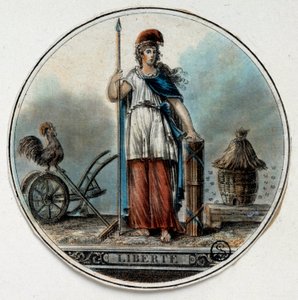 Fransız Devrimi: Bir arı kovanı ve bir horozun yanında bir kadın olarak Liberte alegorisi. 18. yüzyılın sonlarında Paris, B.N. by French School