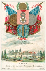 Fransız bayrakları, silahlar, madeni paralar ve süslemeler ve Pont Neuf'tan (chromolitho) Paris manzarası by French School