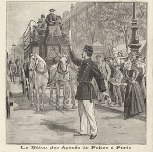 Paris sokaklarında trafiği yönlendirmek için copunu kullanan Fransız polisi (gravür) by French School
