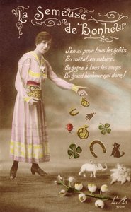 La Semeuse de Bonheur'u (İyi Şans Ekicisi) tasvir eden Fransız kartpostal, 29 Mart 1914 by French School