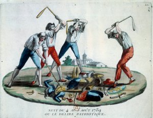 Fransız devrimi: feodal ayrıcalıkların ve hakların ortadan kaldırıldığını gören 4/08/1789 gecesinin alegorisi. Vatanseverlerin üyeleri soyluların, din adamlarının ve zırhların sembollerini yok eder. 1789'dan gravür. Paris, Arsenal Kütüphanesi by French School