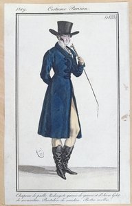 Hasır şapkalı, nankeen pantolonlu ve yumuşak çizmeli frak, 1819 by French School