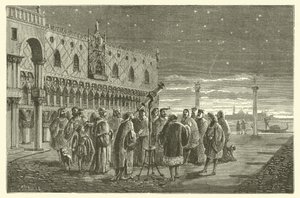Galileo, Jüpiter'in uydularını Venedik Senatörlerine gösteriyor (gravür) by French School