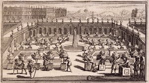 Bir portakal bahçesinde çalışan bahçıvanlar, Le Parfait Jardinier, ou Instruction pour les Jardins Fruitiers et Potager, Jean de la Quintinye, 1695 yayınlandı by French School