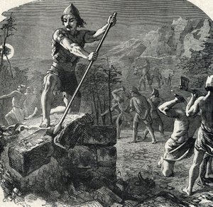 Gedeon (Gideon) halkını putperestliğe sürükleyen Baal sunağını çalıyor (Gideon veya Gedeon Baal sunağını yok ediyor) Gravür 'The Holy History of Lahure 19th Century' Özel Koleksiyonu by French School