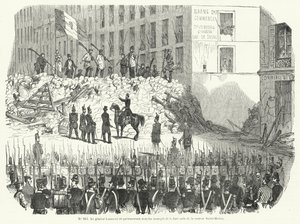 General Lamoriciere, Saint Martin kışlası dışındaki barikatlarını savunan silahlı işçilerle müzakere ediyor, Paris, 23 Haziran 1848 (gravür) by French School
