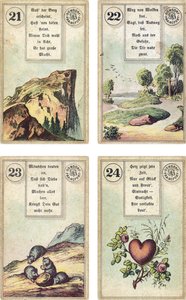 Lenormand Fransız karikatür destesinin Almanca baskısı: Dağ, Yol, Fareler, Kalp, Dondorf, Frankfurt, 19. Yüzyıl tarafından yayınlandı by French School